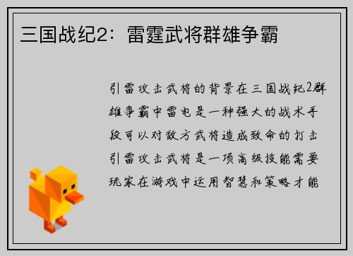 三国战纪2：雷霆武将群雄争霸